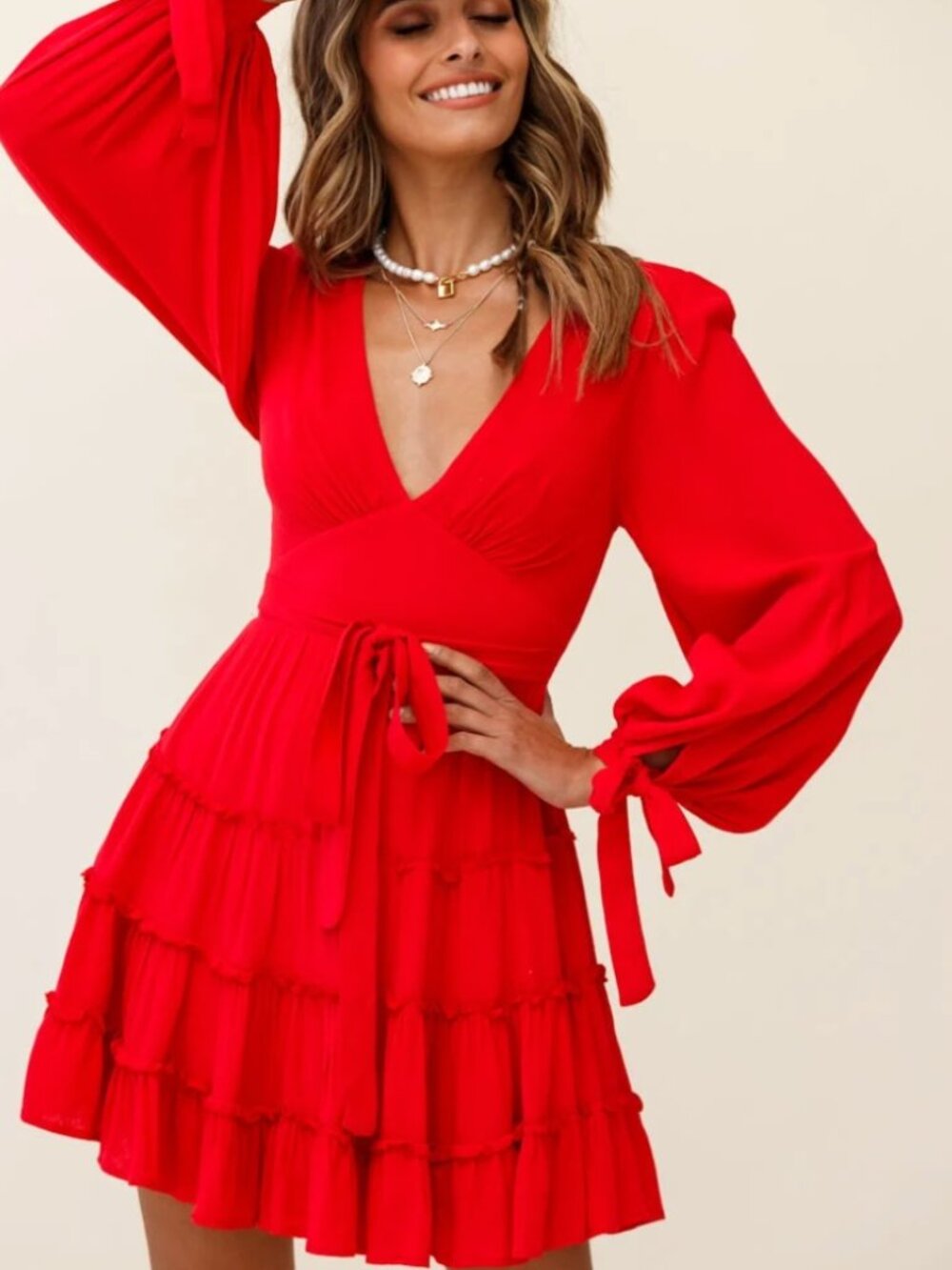 Saints + Secrets Red Long Sleeve Ruffle Mini Dress Size Small